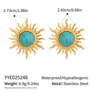 Detailed view of sun-shaped earrings with turquoise inlay and size specifications