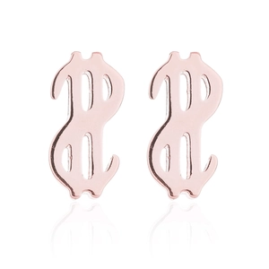 Close-up of dollar sign stud earrings in rose gold finish with polished hollow design