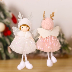 Christmas angel girl doll pendants with sequin tulle skirts and glitter wings for tree decor