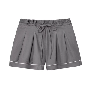 Women's casual grey poplin shorts with white trim and adjustable drawstring waist