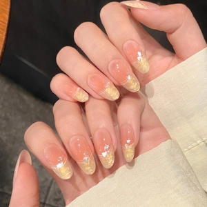 Press On Nails Peach Pink Gradient Jelly Texture Gold Foil Glitter French Style Almond Shape Handmade Manicure