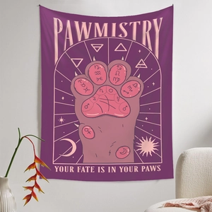 Detail of purple pawmistry tapestry with cat paw astrology design and occult patterns