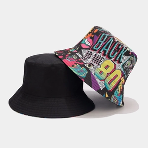 Detail of reversible bucket hat with 80s graffiti print and minimalist black side