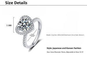 Detailed view of adjustable heart ring with cubic zirconia inlay and 11mm center piece