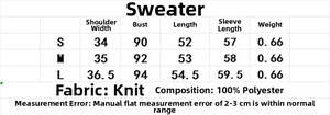 Detailed size guide table for women knit sweater showing shoulder and chest measurements