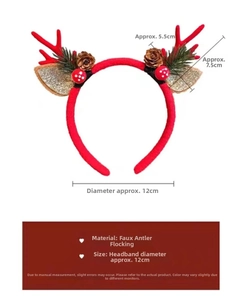 Detail view of Christmas antler headband with pine cones and plush mushrooms 12cm size