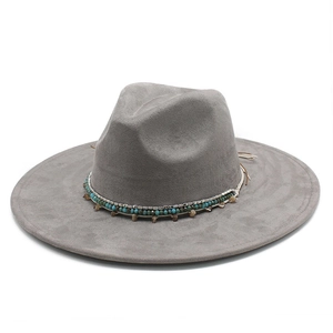 Classic grey faux suede fedora hat with ethnic beaded band and wide brim for men