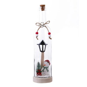 LED Christmas glass wishing bottle with snowman, tree and wood base for home tabletop decor