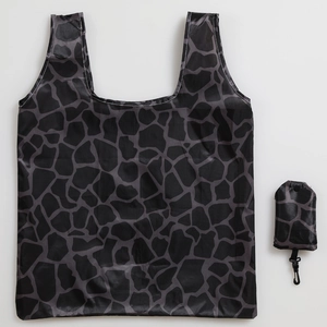 Foldable large eco-friendly shopping bag with gray giraffe print and hanging pouch