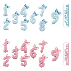 Set of 32-inch foil number balloons from 1 to 9 with bow tie design in pink and blue