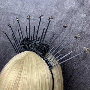 Gothic halo crown with black satin roses and silver stars on a metal headband