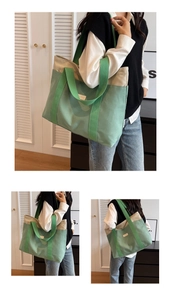 Three lifestyle views of a large green and beige patchwork canvas tote bag for women