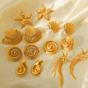 18K gold stainless steel earring set featuring starfish, shells, and pearls designs