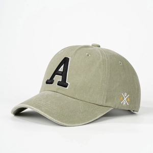 Olive green washed cotton baseball cap with embroidered letter A for women