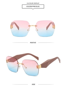 Detailed close-up of rimless square sunglasses with gold metal temples and blue-pink lenses