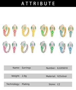 Detailed attribute chart for S925 sterling silver snake earrings with colorful enamel