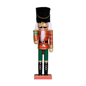 30cm wooden nutcracker soldier figurine with red plaid uniform and green gift box