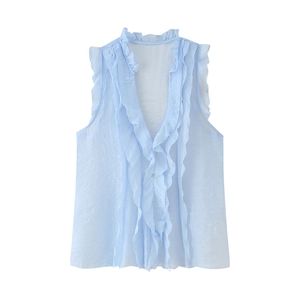 Women Sleeveless Chiffon Blouse Ruffle Trim V Neck Button Down Solid Color Sweet Summer Top