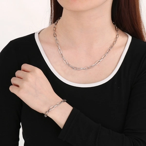 Silver stainless steel box chain necklace and bracelet set for men and women