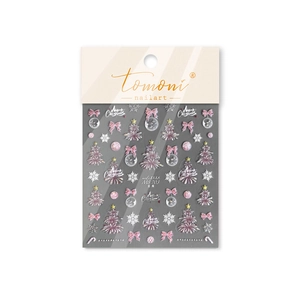 Christmas nail stickers with pink and silver trees, snowflakes and bows, model MS 703