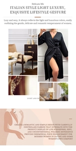 Detailed view of women's black satin robe with elegant waist tie and deep V-neckline