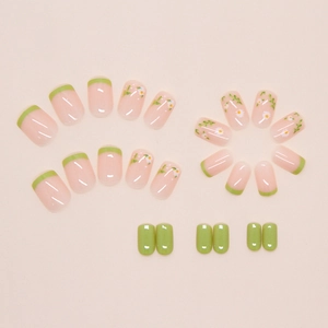 French green press on nails with daisy designs and olive green solid color finish