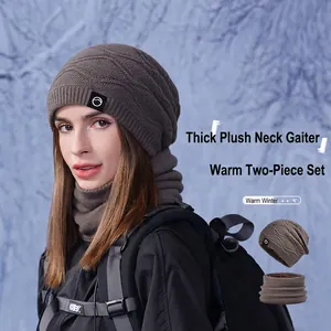 Winter coffee brown fleece lined knitted hat and scarf set for outdoor warmth