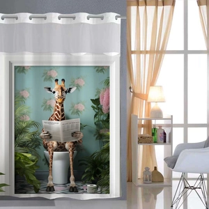 Detail of waffle weave shower curtain featuring a giraffe reading a newspaper on a toilet