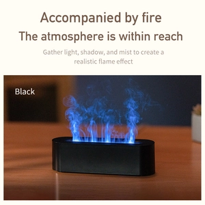 Detailed view of black humidifier with blue LED simulating ultrasonic 3D flame effects