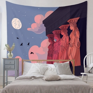 Détail d'une tapisserie bohème présentant l'art classique surréaliste avec nuages roses et étoiles