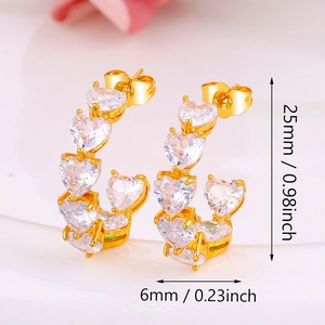 Detailed macro view of heart-shaped zircon earrings with 25mm height dimension text