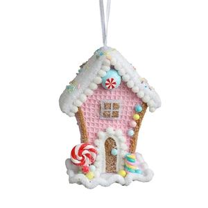 Pink gingerbread house Christmas tree ornament with snowy roof and sweet candy details