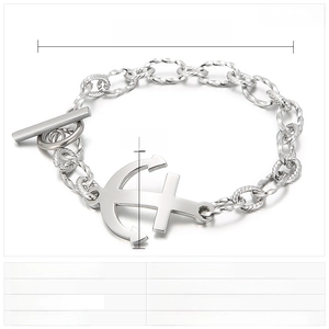 Detail of steel anchor bracelet with T-bar clasp showing chain links and dimensions