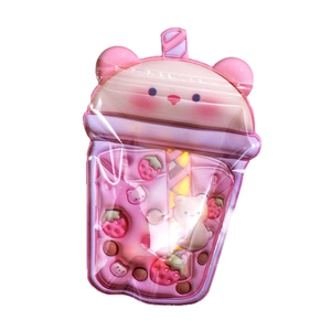 Cute cartoon strawberry bear themed ziplock bag in milk tea cup shape with pink accents