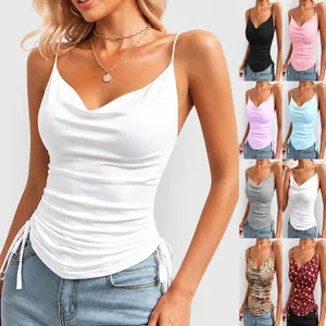 Women Cowl Neck Tank Top Cami Side Drawstring Ruched Sexy Summer Spaghetti Strap Satin Like Glossy Cotton Blend