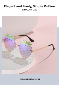 Close-up of strawberry shaped sunglasses with gradient lenses and green leaf accents