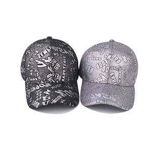 Street style baseball caps with silver graffiti print in black and light gray colors