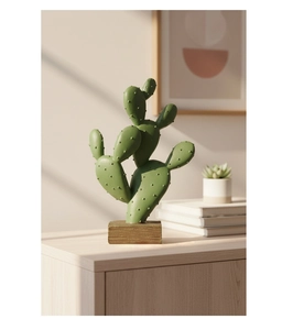 Detailed macro view of green resin cactus art decor on a rustic natural wood base