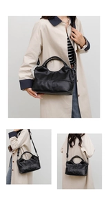 Detailed views of a black soft leather handbag with stitching and adjustable shoulder strap