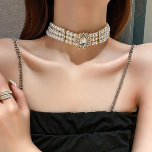 Vintage multilayer faux pearl choker necklace with large oval crystal and gold alloy finish