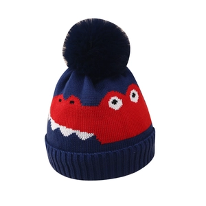 Bonnet en tricot bleu marine pour enfants avec motif dinosaure et gros pompon
