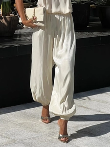 Women Glossy Satin Lantern Pants High Waist Elastic Cuffed Hem Harem Trousers Fashion Streetwear
