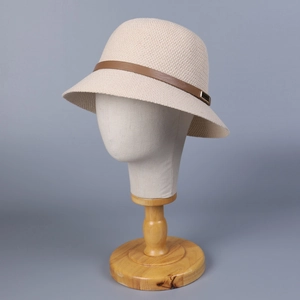 Chic beige knitted bucket hat with brown leather belt and golden buckle for sun protection