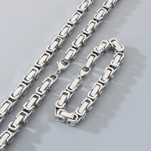 Flat lay of 304 stainless steel Byzantine chain jewelry set with necklace and bracelet
