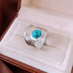 Retro double-layer open ring with turquoise stone inlay in brushed silver finish