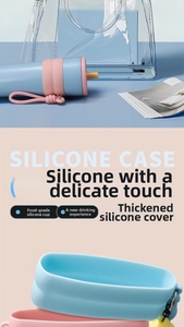 Close-up of sky blue and pink food-grade silicone protective sleeves for water bottles