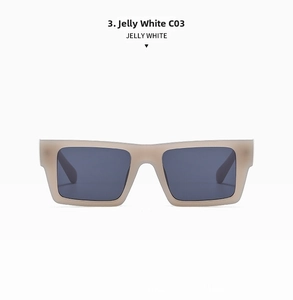 Close-up of retro rectangular thick frame sunglasses in Jelly White finish