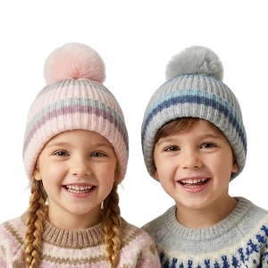 Bonnet Tricoté Enfants Chaud Hiver Chapeau Rayé Avec Pompon En Fausse Fourrure Pour Garçons Et Filles Décontracté