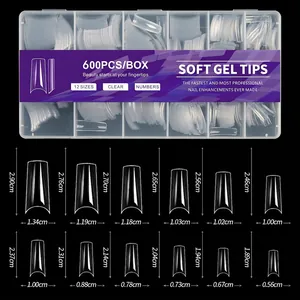 Detailed size chart showing 12 coffin nail tip dimensions for professional manicure use