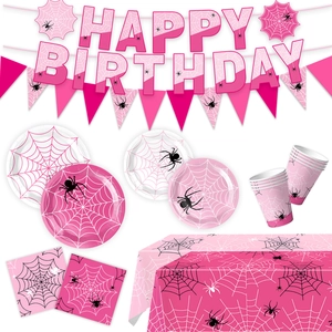 Pink spider web birthday party set with plates, cups, and Happy Birthday banner